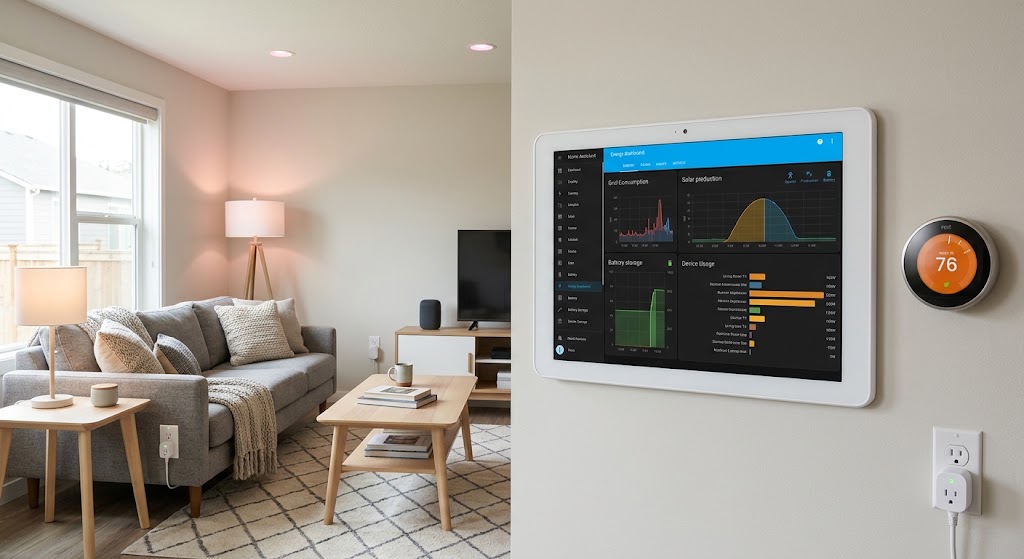 Home Assistant energy dashboard displayed in a modern living room with smart plugs, climate controls, and automated energy devices