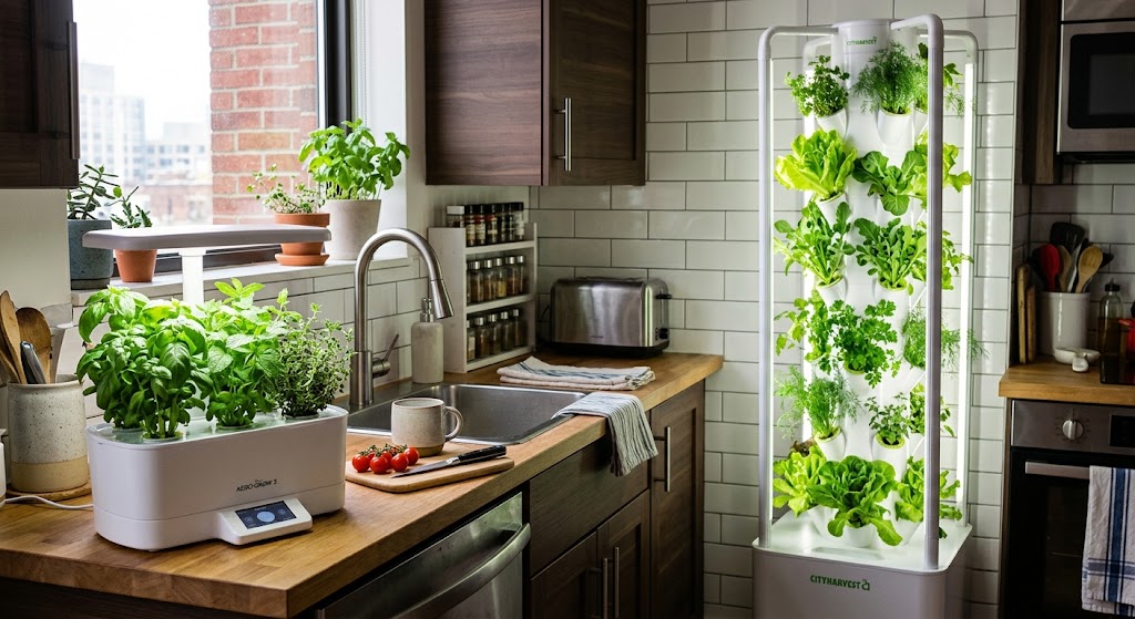 Compact countertop hydroponic indoor garden growing basil, lettuce, and herbs beneath an LED grow light in a small apartment kitchen