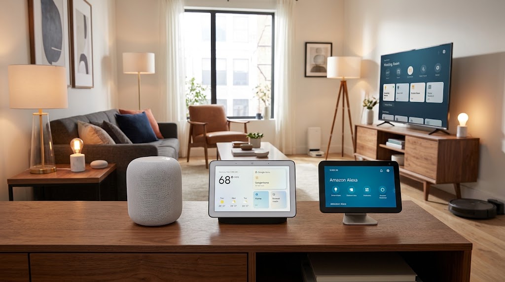 Three generic smart home controller devices representing Apple Home, Google Home, and Amazon Alexa ecosystems in a modern connected living room
