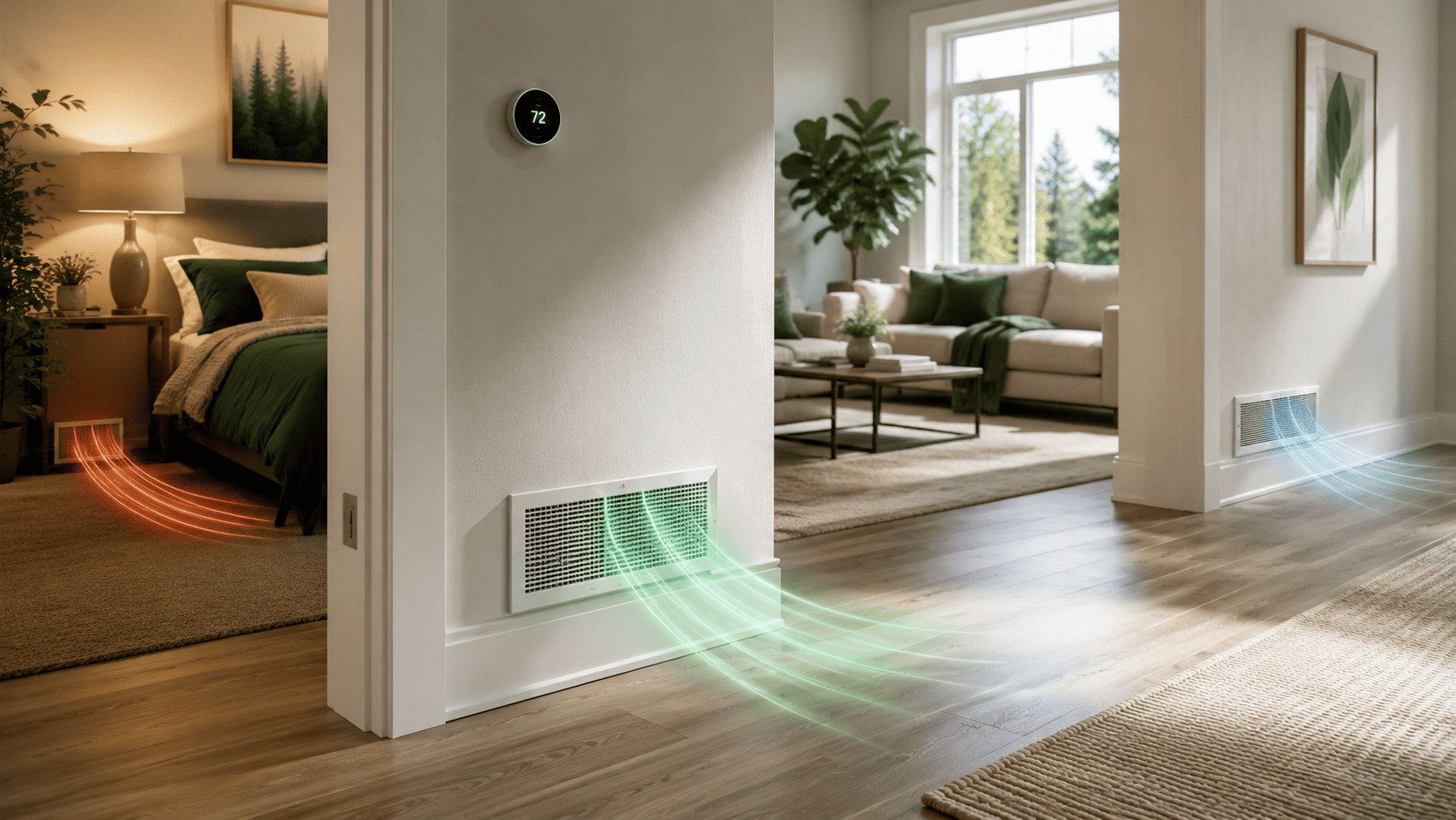 Modern home interior with a smart thermostat and several floor vents showing stylized airflow into a bedroom, hallway, and living room