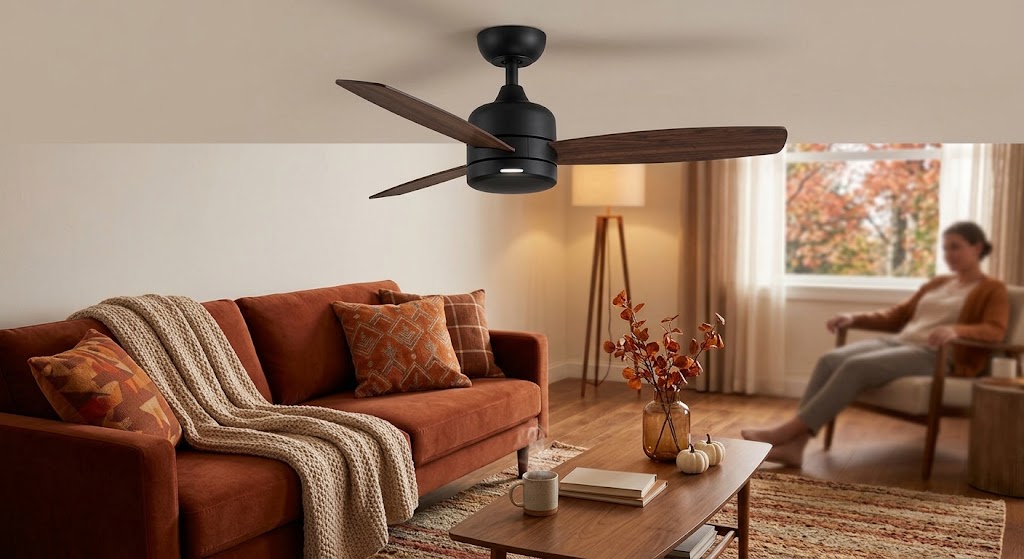 Smart ceiling fan running at low speed in a warm modern living room prepared for cooler fall weather