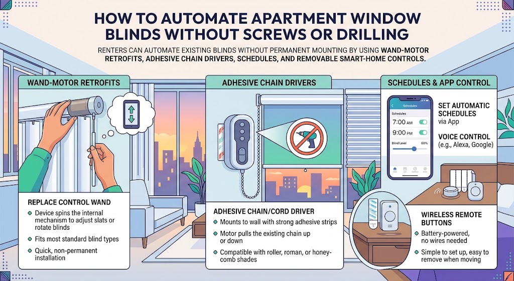Apartment window with horizontal blinds controlled by a small retrofit smart blind motor without drilled wall brackets