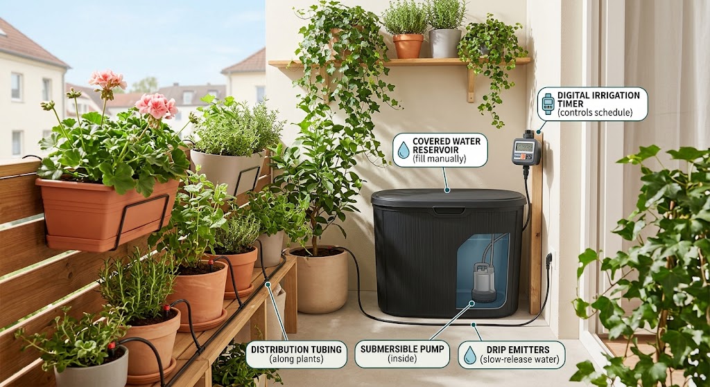 Apartment balcony container garden supplied by a covered water reservoir, small irrigation pump, micro tubing, and drip emitters