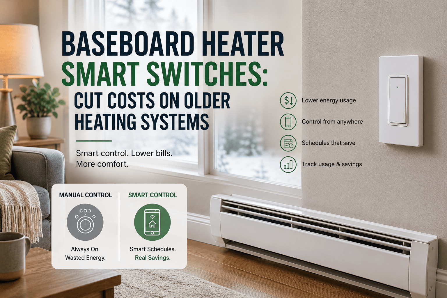 Wall-mounted line-voltage smart thermostat controlling an electric baseboard heater in an older renovated room