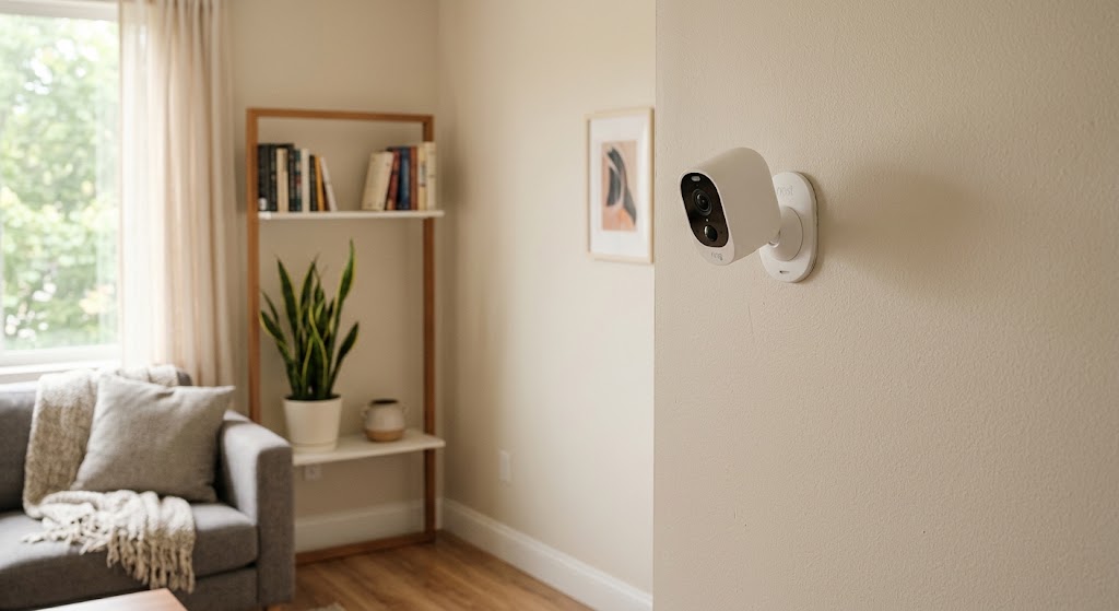 Compact white security camera on a low-profile no-drill wall mount in a softly lit rental apartment