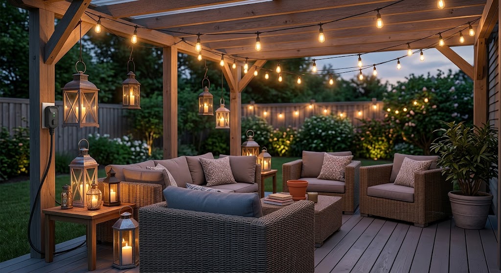 Outdoor smart plug powering warm patio string lights and lanterns in a covered backyard seating area