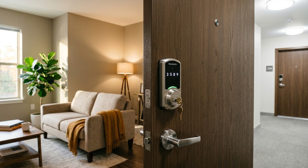 Modern keyed smart lock on an apartment entry door with a warm rental living room visible inside
