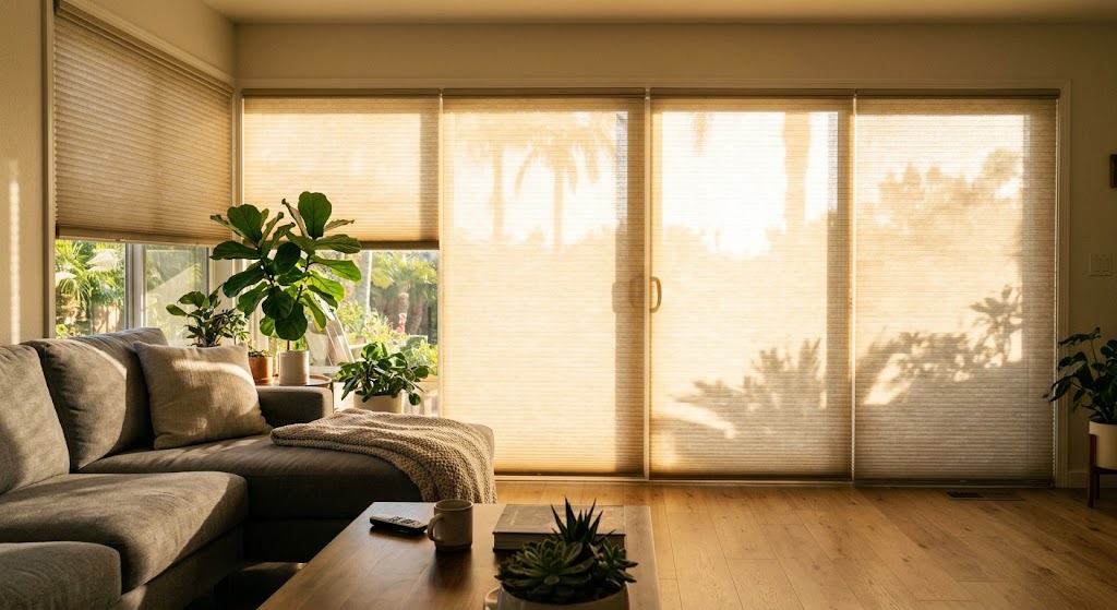 Automated cellular shades covering west-facing living room windows during strong afternoon sunlight