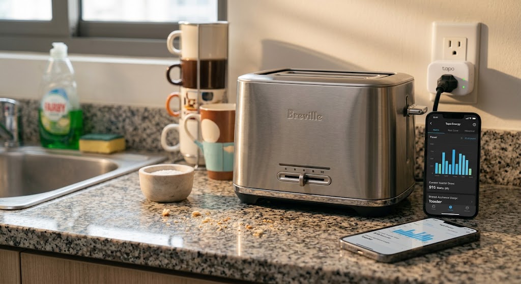 Compact energy-monitoring smart plug connected to a small appliance in a shared apartment kitchen