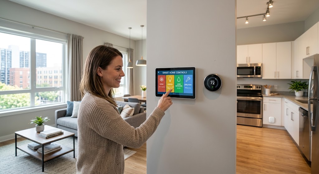 Modern rental apartment with smart thermostat, efficient lighting, leak sensor, and energy-saving home controls