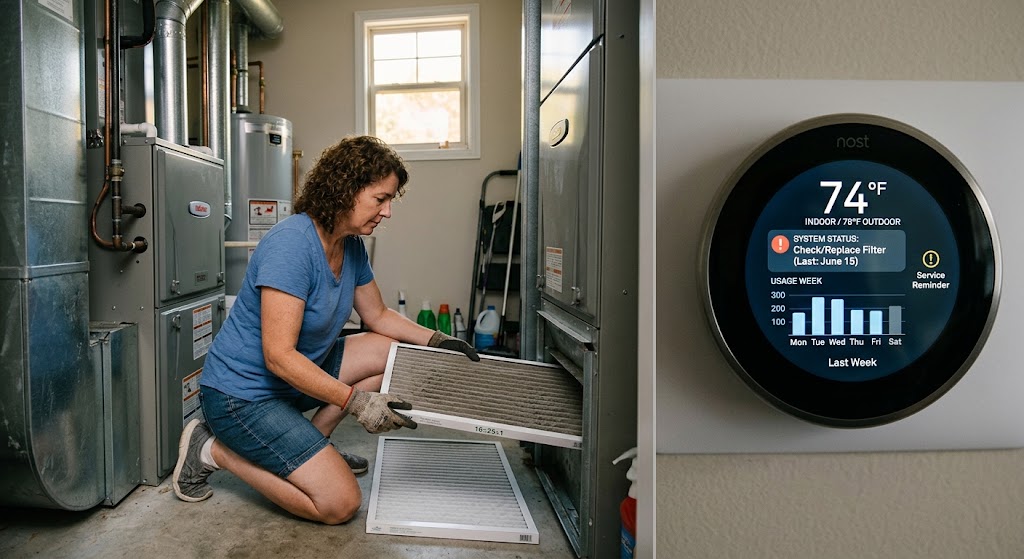 Smart thermostat dashboard beside a homeowner checking an HVAC filter at the end of summer