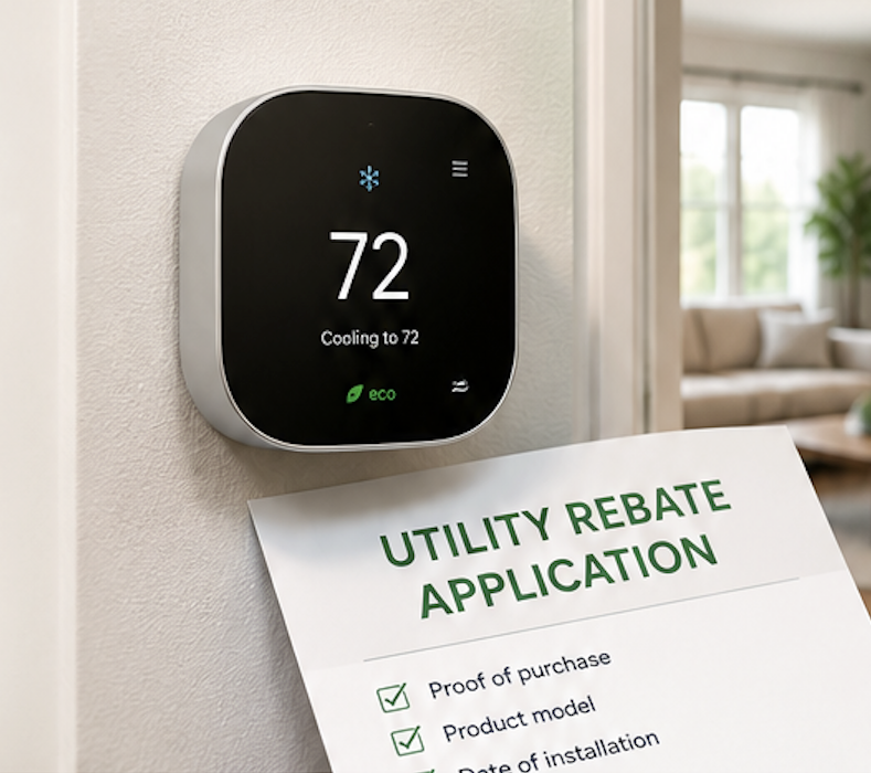 Modern wall-mounted smart thermostat in a bright living room, photographed as a clean energy-efficiency editorial image