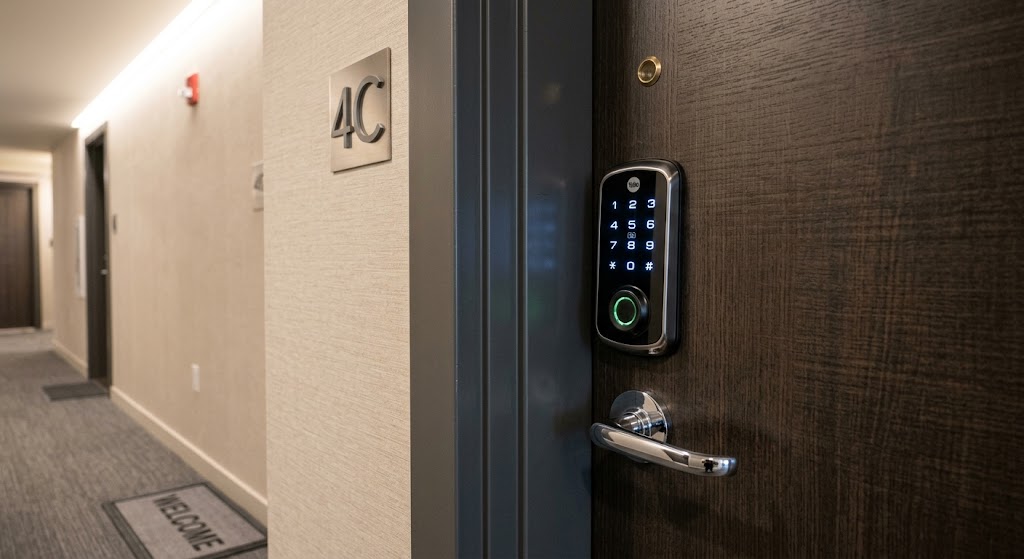 Apartment front door with a modern smart deadbolt featuring both a fingerprint reader and illuminated keypad