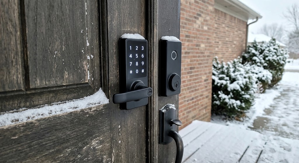 Two generic black smart locks mounted side by side on a snow-dusted exterior door, one with a fingerprint reader and one with a numeric keypad