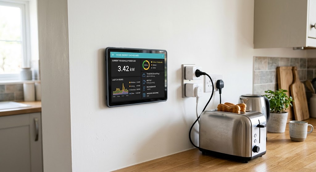 Home energy dashboard on a wall tablet showing household power use beside smart plugs and common appliances