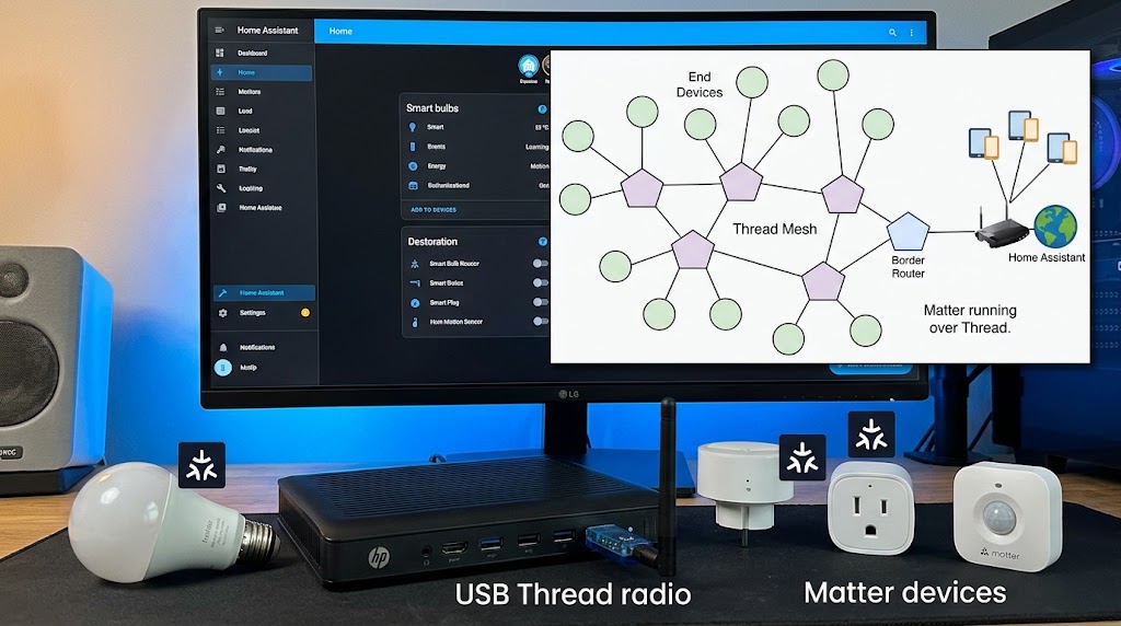 Home Assistant server with a USB Thread radio, Matter devices, and a Thread mesh diagram showing Matter running over the Thread network