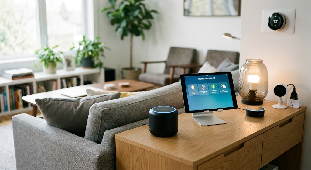 Compact local smart-home hub beside a tablet dashboard and several connected devices in a modern living room