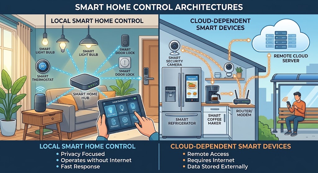 Split modern smart home scene showing a local controller operating devices inside the home and a cloud-dependent network represented outside the local network