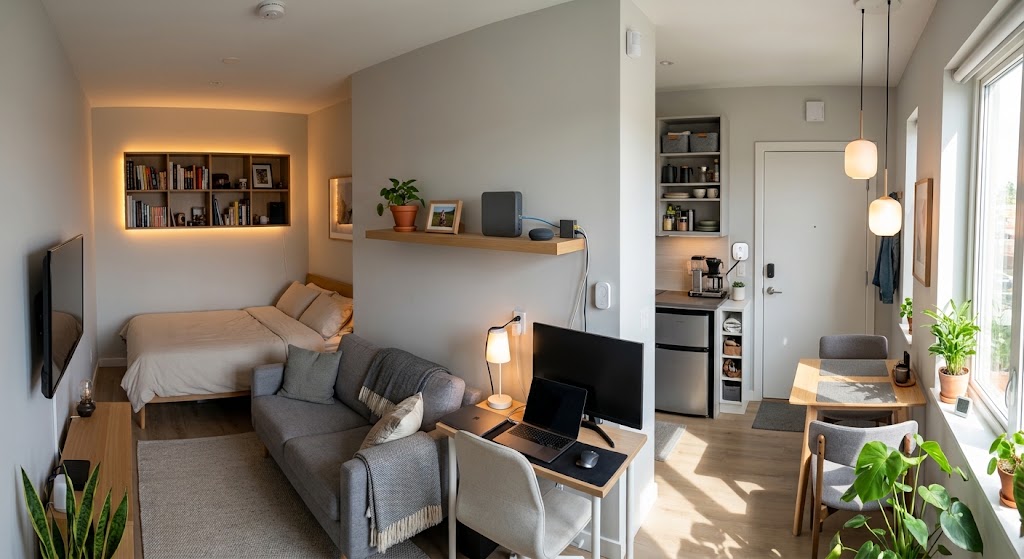 Compact studio apartment with smart lights, plugs, sensors, and a small local smart home hub connected on a shelf