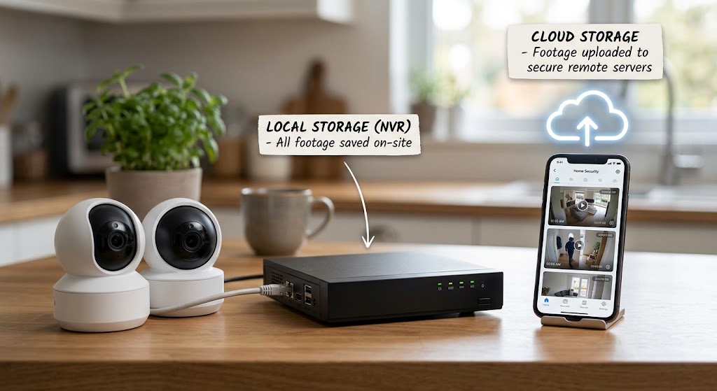 Home security cameras and a local network video recorder beside a smartphone, illustrating local video storage versus cloud storage