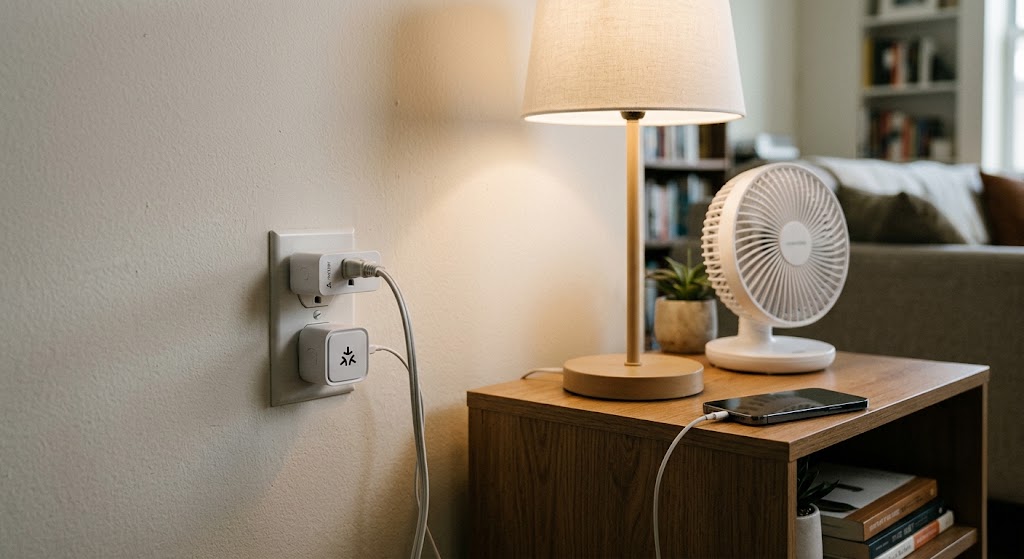 Compact Matter-compatible smart plugs connected to standard apartment wall outlets beside renter-friendly lamps and small appliances