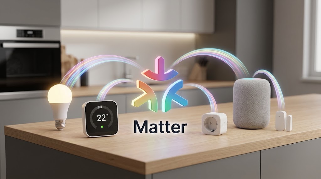 Modern smart-home devices including a light bulb, thermostat, smart plug, speaker, and sensor arranged around a generic Matter interoperability symbol
