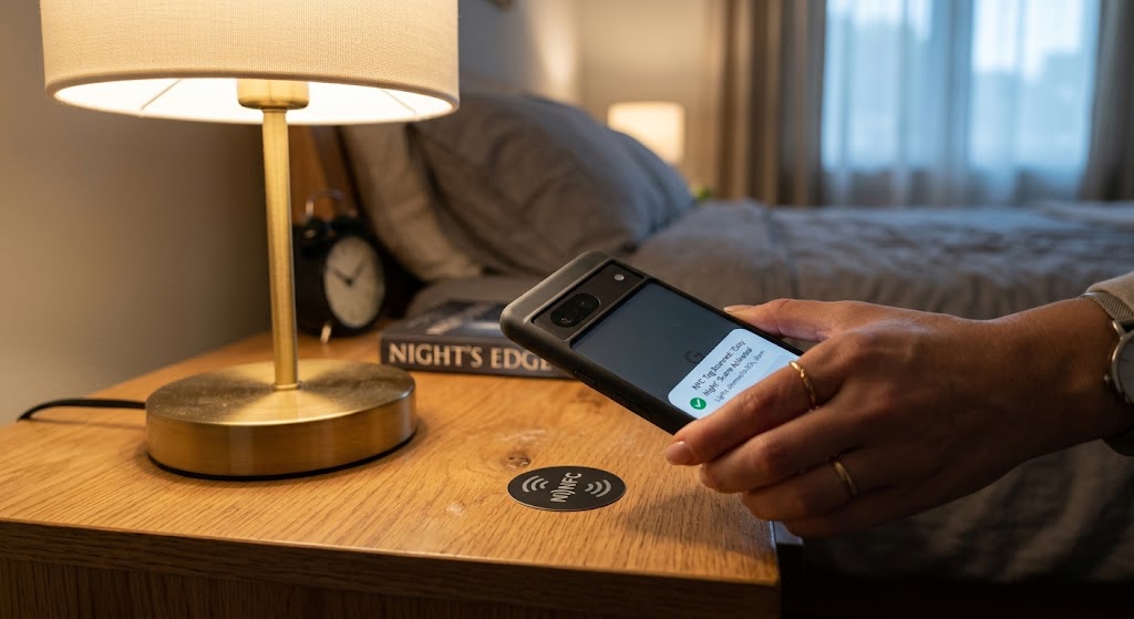 Phone scanning a small NFC tag beside a lamp to activate a smart lighting scene