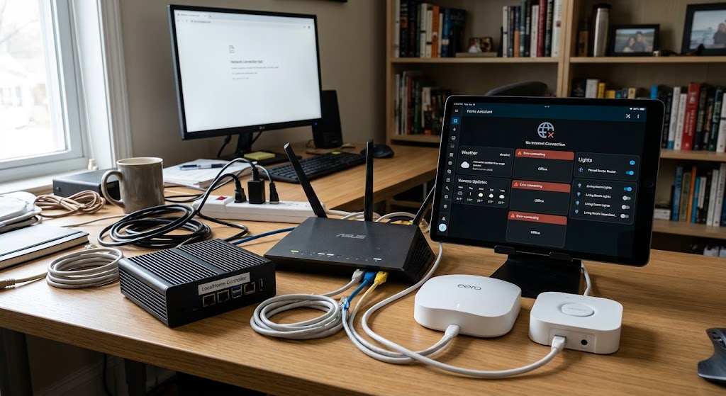 Local smart-home controller, Ethernet router, Thread and Zigbee hubs, and smart-home dashboard arranged on a desk during an internet outage