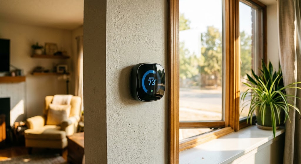 Generic smart thermostat mounted beside a sunlit living room window during a late-summer heatwave, with a minimal blue cooling arc on its dark display