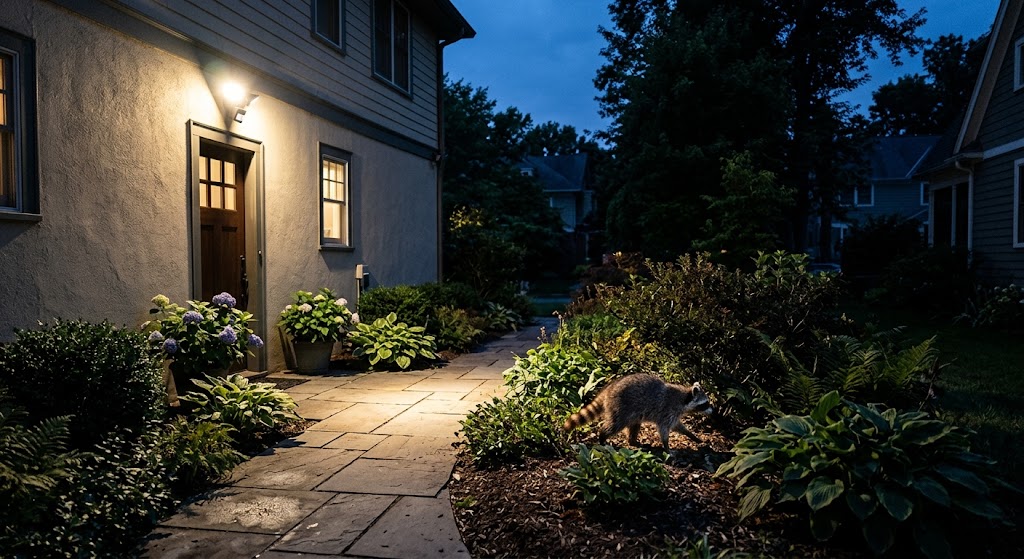 Outdoor motion-sensor light illuminating a house wall and walkway at dusk while a raccoon moves through nearby landscaping