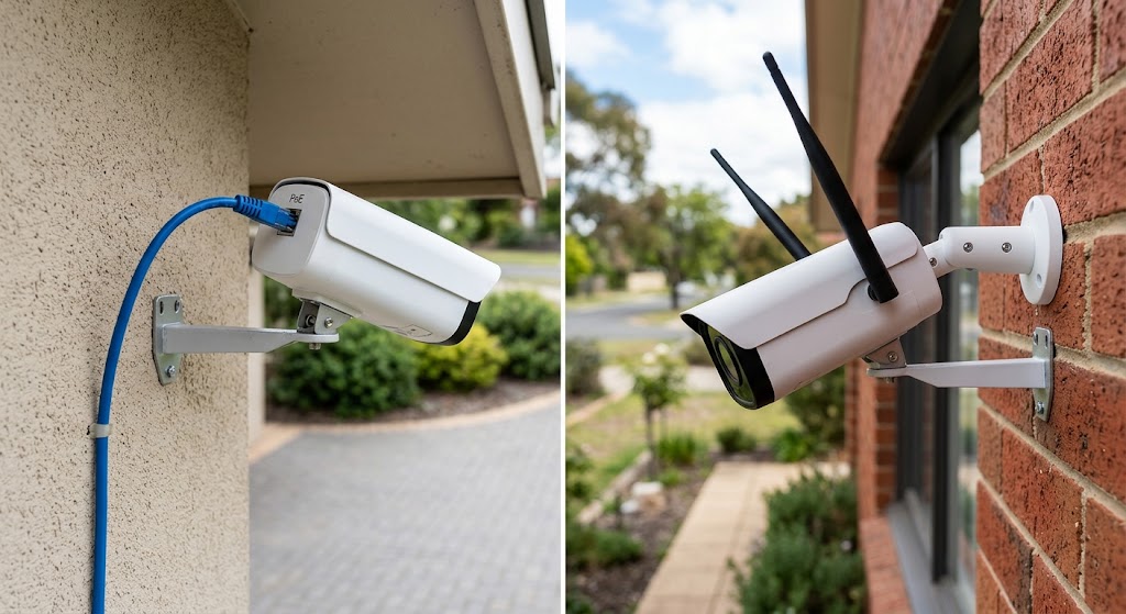 Split editorial view of two generic outdoor security cameras, with a blue Ethernet cable connected to the PoE camera on the left and an antenna-equipped wireless camera on the right