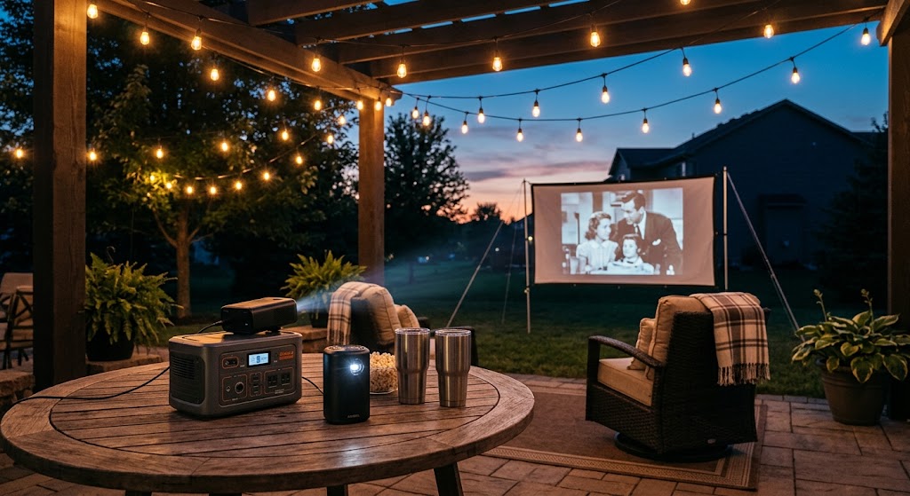 Portable power station and compact projector on a patio table facing an outdoor movie screen under warm string lights at dusk