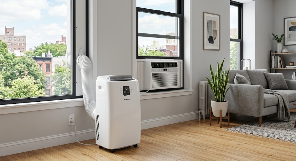 Portable smart air conditioner and window air conditioner shown side by side in a modern apartment room