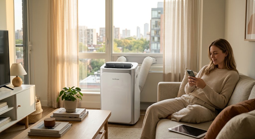 Modern inverter portable air conditioner vented through an apartment window in a bright living room