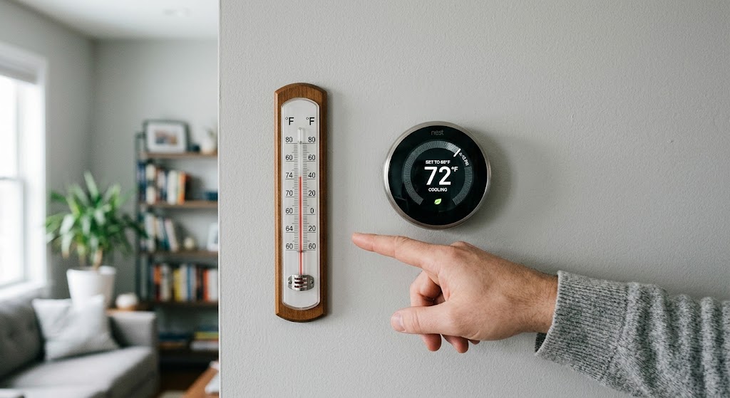 Smart thermostat beside a reference room thermometer used to compare indoor temperature readings