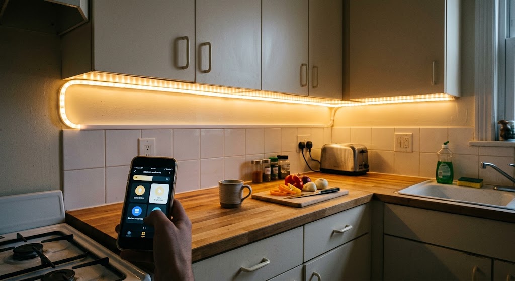 Smart LED strip lighting installed beneath kitchen cabinets in a compact rental apartment