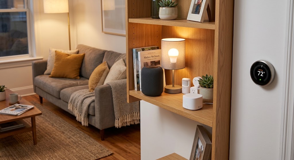 Warm rental living room with a smart speaker, connected lamp, and compact smart-home devices arranged on shelves beside a wall thermostat
