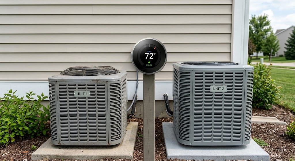 Two generic outdoor HVAC condenser units shown side by side with a central round smart thermostat in a clean residential comparison composition