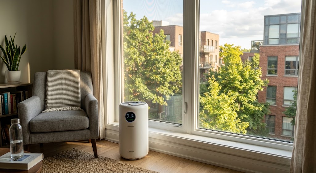 Smart air purifier running beside a closed apartment window during late-summer pollen season
