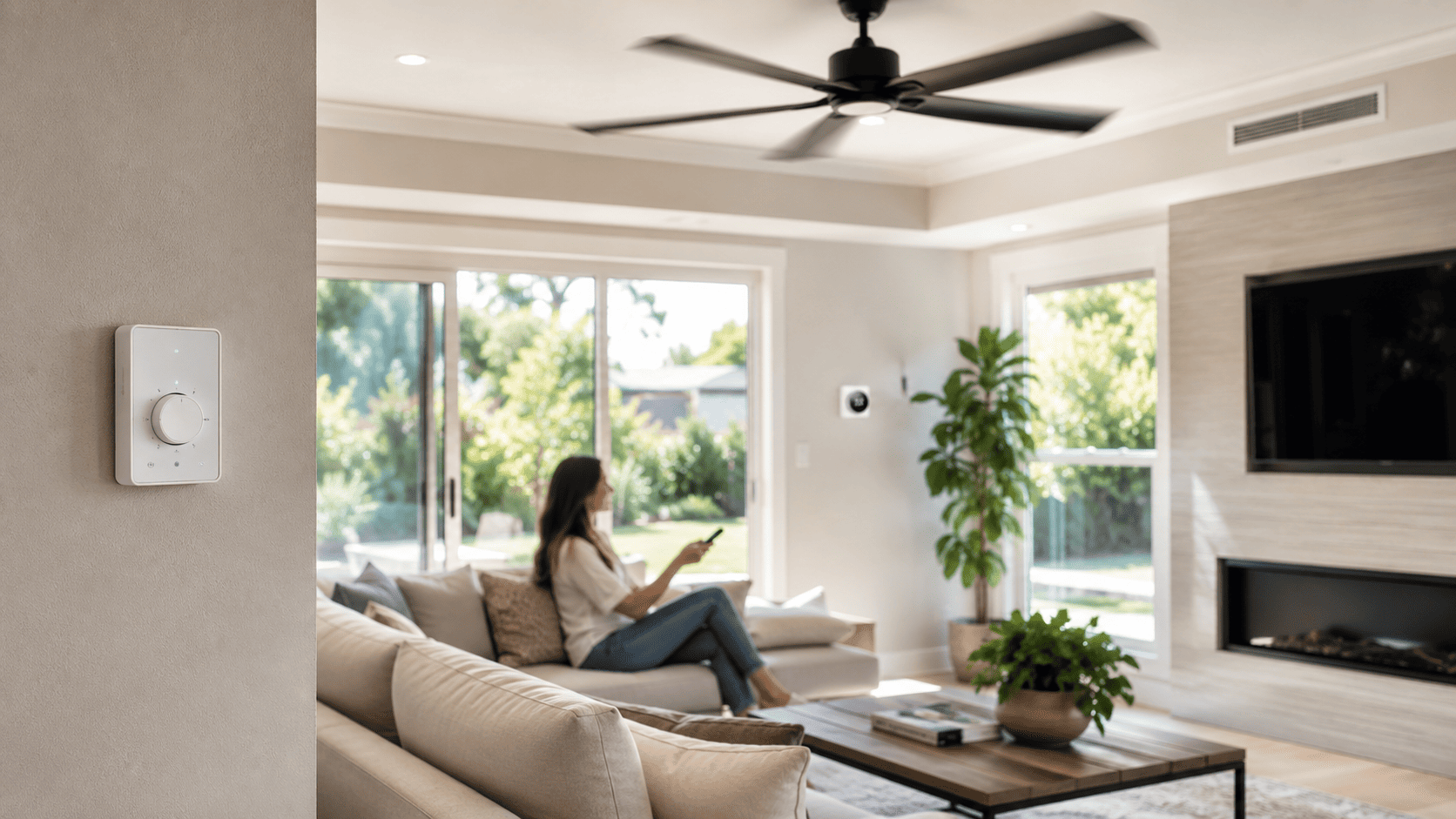Bright summer living room with a spinning ceiling fan, a wall smart fan controller, and a cooling thermostat in the background