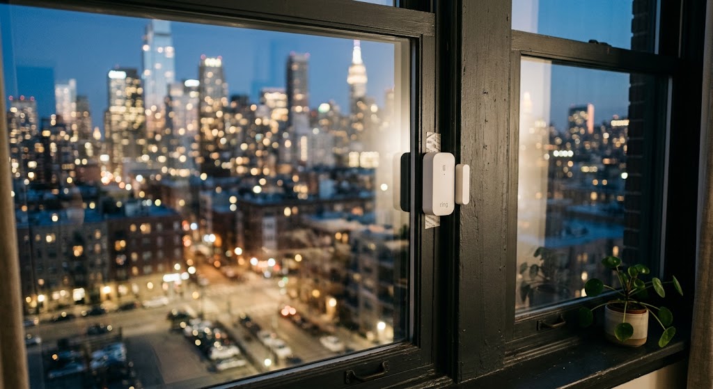 White two-piece contact sensor mounted on a dark apartment window frame with a softly blurred city view outside