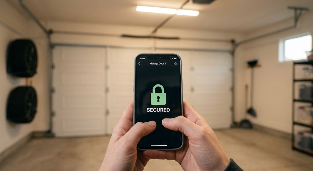 Smart garage door shown closed in a residential garage with a phone displaying a generic security status interface