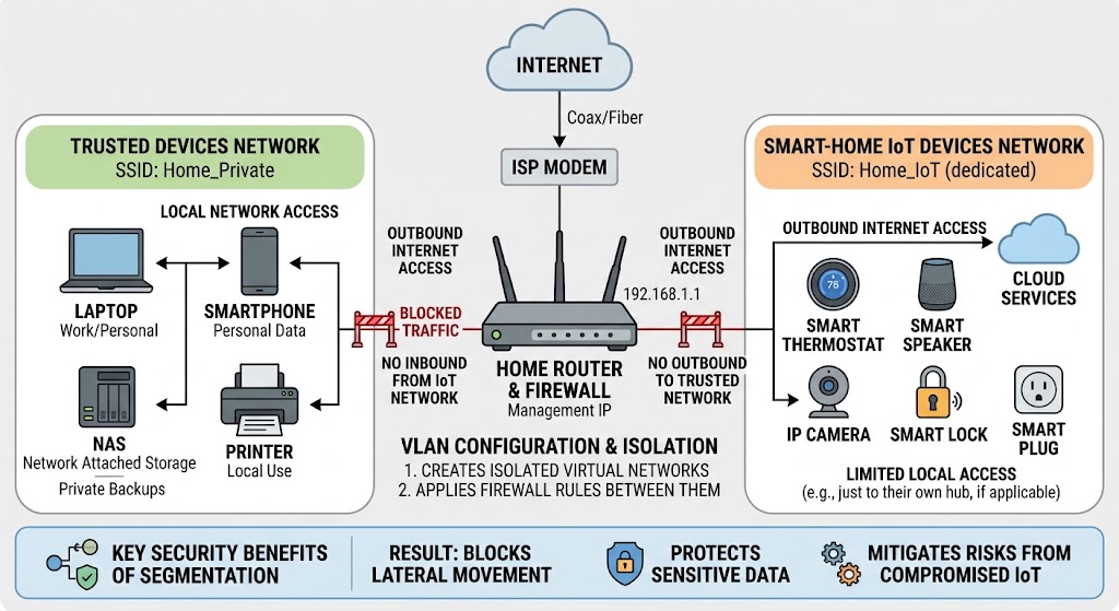 Home network diagram showing trusted devices separated from smart-home IoT devices on a dedicated wireless network