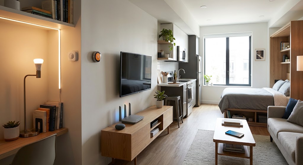 Compact studio apartment with a centrally placed Wi-Fi router, smart speaker, lighting, sensor, thermostat, and connected TV arranged around one open living space