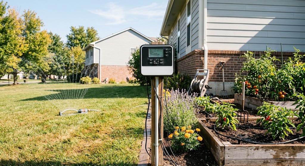 Smart irrigation controller managing separate lawn and garden watering zones during a dry late-summer morning