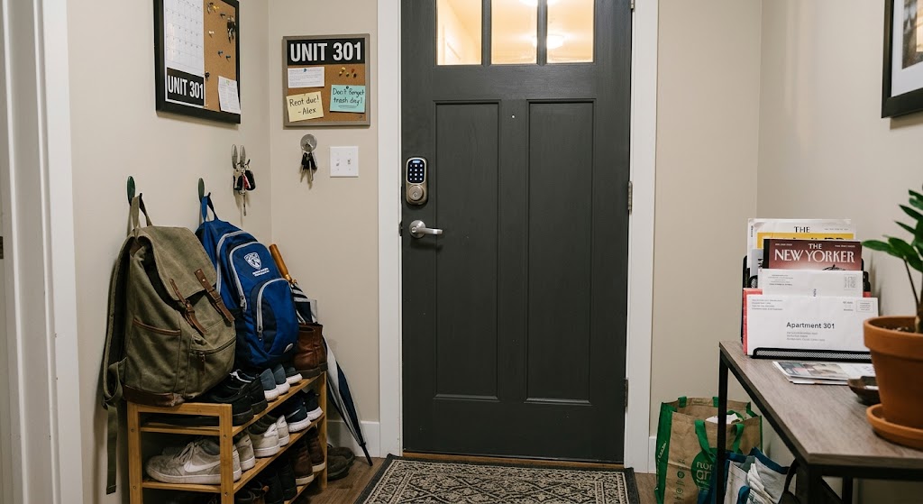 Smart keypad door lock on a college apartment entry door with backpacks and shared-household items nearby