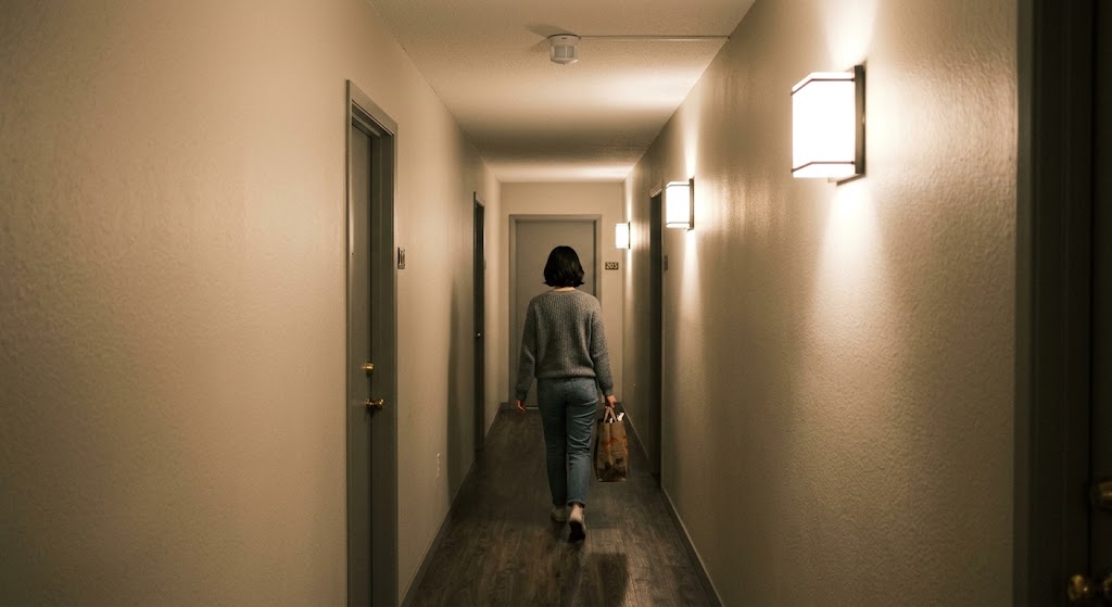 Narrow apartment hallway with softly illuminated wall lights responding to a compact motion sensor