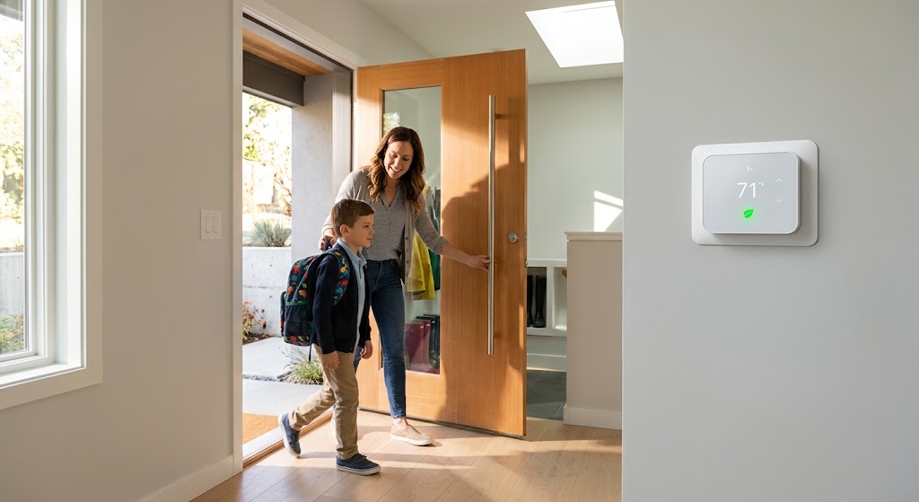 Parent and school-age child leaving a bright home beside a generic wall-mounted smart thermostat with a simple green energy indicator