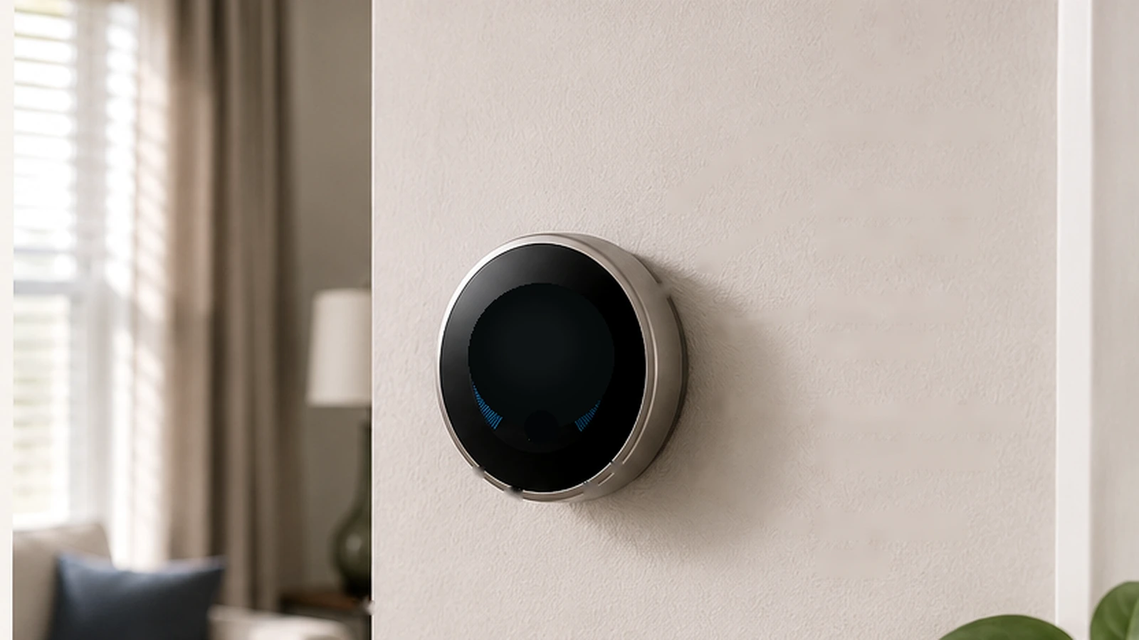 A generic wall-mounted smart thermostat on a light interior wall beside a softly lit modern living room