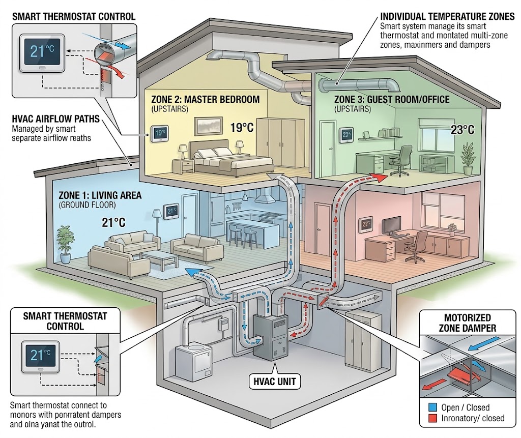 Modern home interior with multiple temperature zones represented by smart thermostats and separate HVAC airflow paths